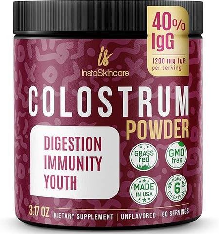 InstaSkincare - Pó de Colostro Bovino – Puro Colostro Bovino para Humanos – Suplemento de Colostro Alimentado com Grama para Suporte Intestinal, Saúde Imunológica e Crescimento Capilar – Fabricado nos EUA 90g