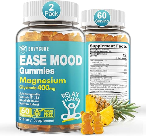 envycure - Gomas de Magnésio Glicinato sem Açúcar 400mg com Ashwagandha, B1, B3, Rhodiola Rosea