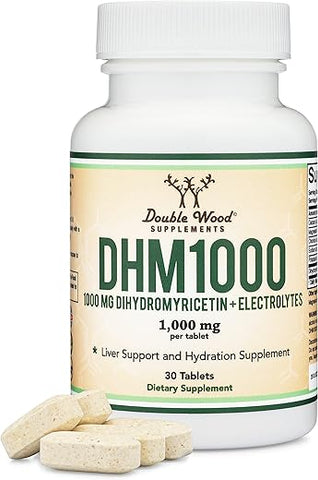 Double Wood Supplements - DHM1000 Dihydromyricetin (DHM) – Comprimidos Mais Potentes do Mercado – 1.000mg (30 Unidades) Enriquecidos com Eletrólitos para Hidratação e Suporte Hepático por Double Wood
