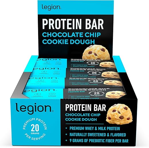 LEGION - Barra de Proteína Legion Chocolate Chip Cookie Dough – Baixo teor de açúcar, alta em proteínas com fibra prebiótica – Livre de soja, sem glúten, sabor natural, baixo teor de gordura, alta em proteínas