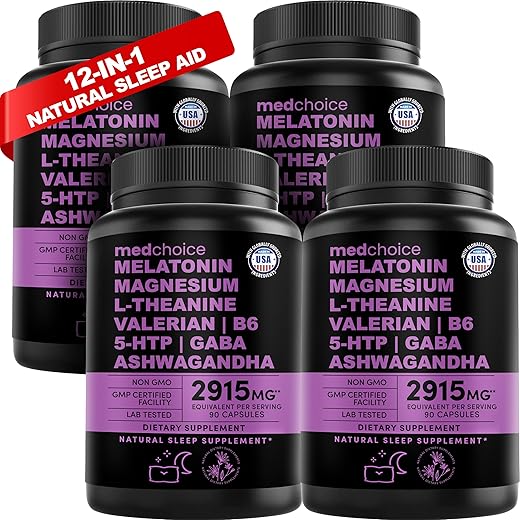 MEDCHOICE - 12 em 1 Cápsulas de Melatonina – 5mg de Melatonina para Auxiliar o Sono Natural de Adultos – 500mg de Magnésio Glicinato, Ashwagandha, L Teanina, Raiz de Valeriana, GABA, 5-HTP – Suplemento para Dormir