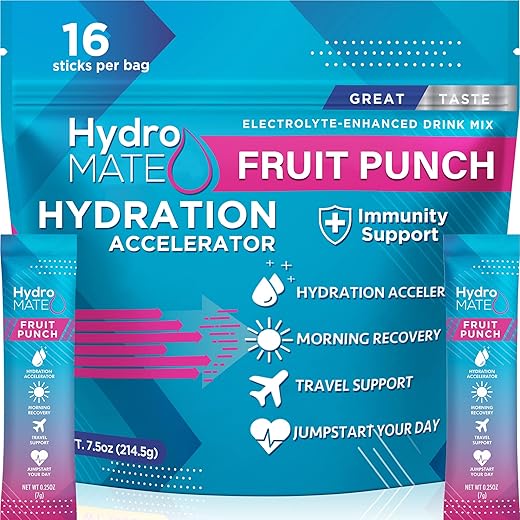HydroMATE: Pacotes de Pó de Eletrólitos Sabor Fruta Punch para Hidratação com Baixo Teor de Açúcar – 16 Sticks - NatureWorks