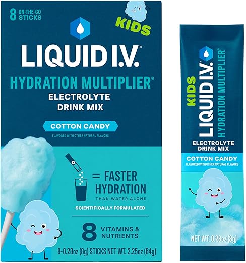 Hydration Multiplier® Kids – Pó para Hidratação Sabor Algodão Doce – Sachês de Pó para Hidratação | Mistura em Pó de Eletrólitos | Prático e Individual | Não-OGM | 1 Pacote (16 Porções) - Liquid I.V.