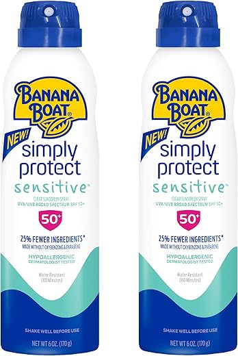 Protetor Solar Banana Boat Mineral Enriquecido, Pele Sensível, Spray de Amplo Espectro, FPS 50, 177ml – Kit Duplo