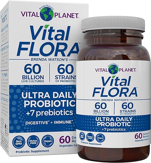 Vital Flora Ultra Probiótico Diário 60 Bilhões UFC, Diversas Cepas, Prebióticos Orgânicos, Suporte Imunológico, Alívio de Inchaço, Saúde Digestiva para Mulheres - Vital Planet
