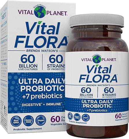 Vital Flora Ultra Probiótico Diário 60 Bilhões UFC, Diversas Cepas, Prebióticos Orgânicos, Suporte Imunológico, Alívio de Inchaço, Saúde Digestiva para Mulheres - Vital Planet