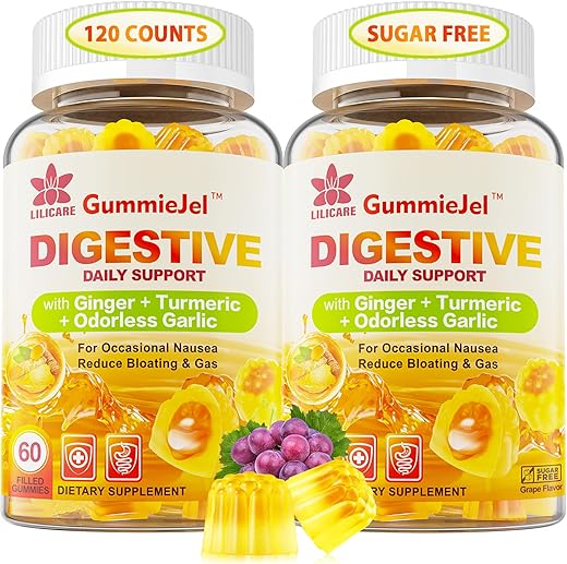 LILICARE - Gengibre em Gomas Suplemento para Náuseas e Alívio Estomacal – Sem Açúcar com Cúrcuma | Gengibre Gummies