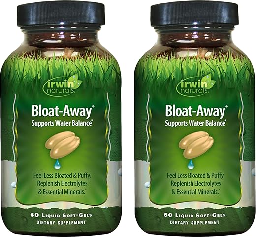 Bloat-Away – 60 Soft-Gels Líquidos, Pacote de 2 – Suporte ao Equilíbrio Hídrico – Reposição de Eletrólitos - Irwin Naturals