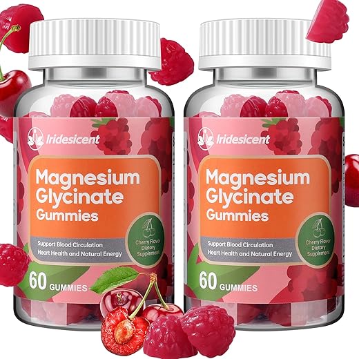 IRIDESICENT - Magnesium Glycinate Gummies 400mg – Suplemento de Magnésio Vegano, Sem Açúcar, com Magnésio L-Treonato 200mg, Ashwagandha e Zinco – 120 Unidades de Sabor Cereja