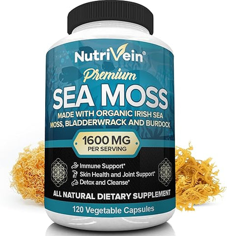 Sea Moss Orgânico 1600mg + Bladderwrack | Algas Marinhas | Saúde e Bem-Estar - Nutrivein