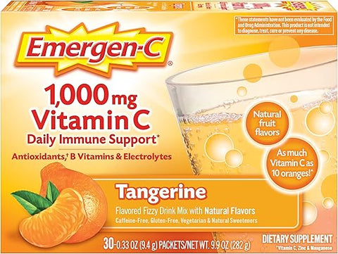 1000mg Pó de Vitamina C com Antioxidantes, Vitaminas B e Eletrólitos – Suporte Imunológico, Bebida Efervescente sem Cafeína, Sabor Tangerina – 30 Sachês - Emergen-C