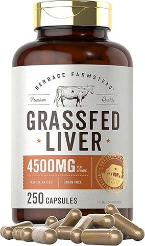 Fígado Bovino em Cápsulas 4500mg | 250 Unidades | Suplemento Desidratado | Livre de Transgênicos, Sem Glúten | por Herbage Farmstead - Carlyle