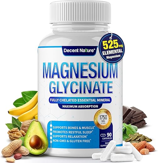 DECENT NATURE - Magnésio Glicinato 525mg – Suplemento de Magnésio Elemental Quelado para Alta Absorção – Marca: Magnésio Glicinato 525mg