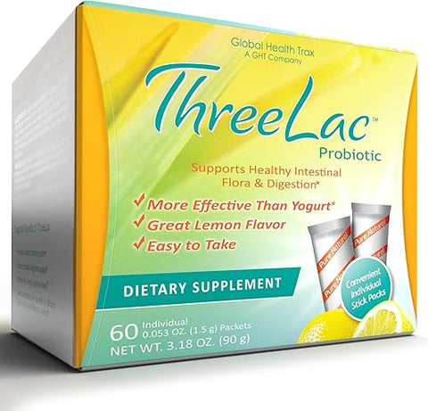Global Health Trax - GHT – ThreeLac Limão Mix de Bebida Probiótica para Saúde Digestiva – Fórmula Avançada em Pó Probiótico para Homens, Mulheres – 30g