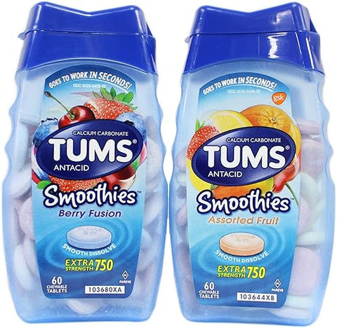 TUMS - Tums Smoothies Berry Fusion e Frutas Sortidas 60 Unidades Cada – Delicioso e Eficaz para Alívio da Azia