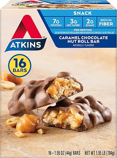Barra de Lanche Caramel Chocolate Nut Roll, Snack Proteico, Rico em Fibras, 2g Açúcar, 16 Unidades - Atkins