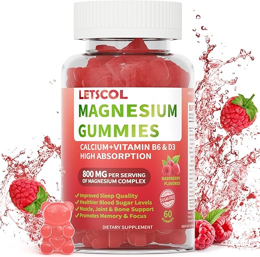 LETSCOL - Magnesium Glycinate Gummies 800mg por Porção, Suplemento de Magnésio Sem Açúcar com Magnésio Malato, Cálcio, Vitamina D3, B6, CoQ10 para Suporte Calmante