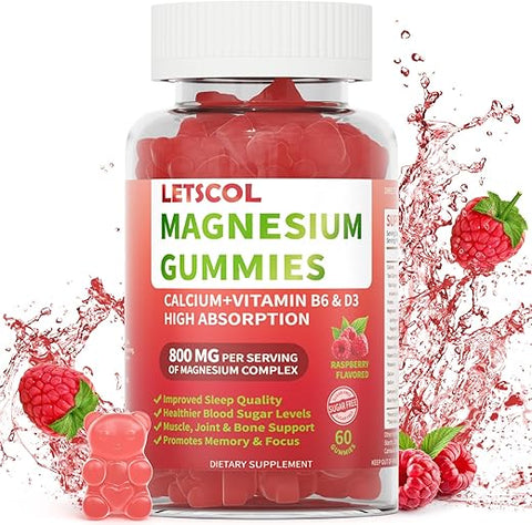 LETSCOL - Magnesium Glycinate Gummies 800mg por Porção, Suplemento de Magnésio Sem Açúcar com Magnésio Malato, Cálcio, Vitamina D3, B6, CoQ10 para Suporte Calmante