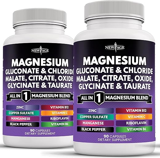 NEW AGE - Magnésio Suplemento – Poderoso Glicinato Citrato Malato Óxido Taurato Aspartato Gluconato Orotato 500g