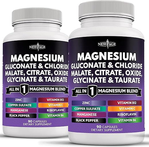 NEW AGE - Magnésio Suplemento – Poderoso Glicinato Citrato Malato Óxido Taurato Aspartato Gluconato Orotato 500g