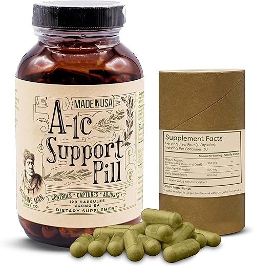 Medicine Man Plant Co - A-1C Support 120 Cápsulas – Natural e Orgânico com Melão Amargo, Manjericão Sagrado e Extrato de Aloe Vera – Não-OGM e Fórmula Herbal