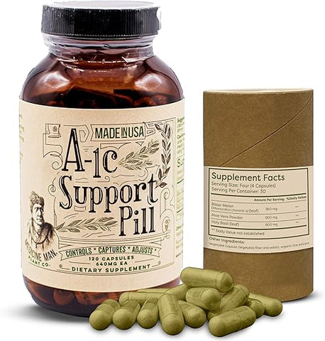 Medicine Man Plant Co - A-1C Support 120 Cápsulas – Natural e Orgânico com Melão Amargo, Manjericão Sagrado e Extrato de Aloe Vera – Não-OGM e Fórmula Herbal