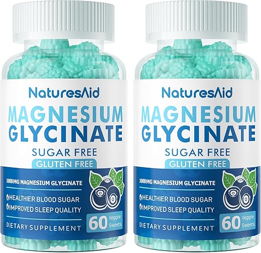 Natures Aid - Gomas de Magnésio Glicinato 1000mg – Sem Açúcar, Suplemento de Magnésio Potássio com Vitamina D, B6, CoQ10 para Calma e Bem-Estar