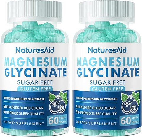 Natures Aid - Gomas de Magnésio Glicinato 1000mg – Sem Açúcar, Suplemento de Magnésio Potássio com Vitamina D, B6, CoQ10 para Calma e Bem-Estar