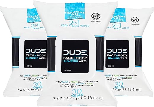 Lenços para Rosto e Corpo – 3 Pacotes, 90 Lenços – Lenços sem Fragrância com Sal Marinho - DUDE Wipes