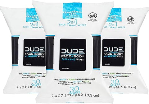 Lenços para Rosto e Corpo – 3 Pacotes, 90 Lenços – Lenços sem Fragrância com Sal Marinho - DUDE Wipes
