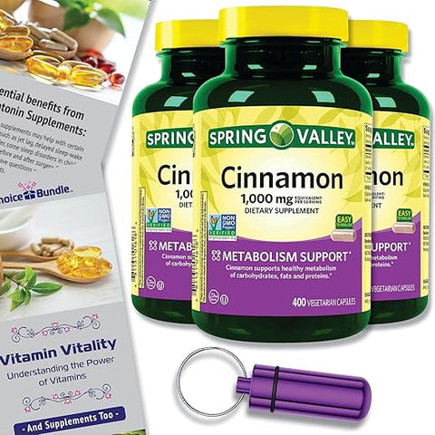 ChoiceBundle - Spring Valley Canela 1000mg 400 cápsulas vegetarianas 3 pacotes Combo Escolha (1200 Total) Guia “Vitalidade Vitamínica