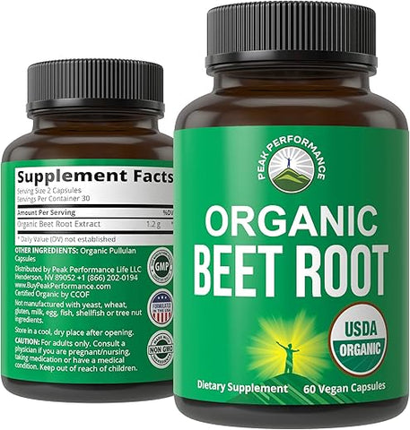 Peak Performance - Cápsulas Veganas de Beterraba Orgânica USDA. Pó de Suco de Beterraba em Cápsulas Super Alimento 1200 mg. Cápsulas de Extrato de Beterraba para Aumento de Energia com Óxido Nítrico. Suplemento de Suporte de Polifenóis para