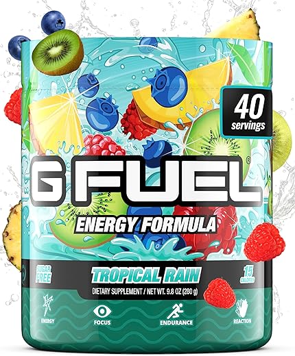 Gamma Labs G Fuel Tropical Rain – Pó Energético, Sem Açúcar, Cafeína Limpa, Suplemento para Foco, Mistura para Água, Sabor Frutas Tropicais, Aminoácidos para Foco, Vitaminas Antioxidantes, 280g