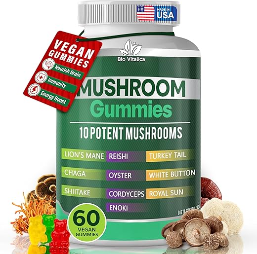 Gomas de Cogumelo – Gomas de Leão para Adultos com Complexo de 10 Cogumelos Reishi, Chaga, Cordyceps, Turkey Tail – 60g - BIO VITALICA