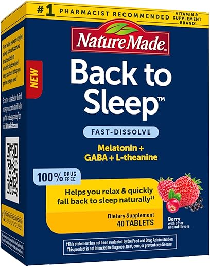 de Volta para Dormir, Melatonina de Dissolução Rápida, Ajuda a Voltar a Dormir Naturalmente, L-Teanina e GABA para Relaxar e Acalmar a Mente, 40 Comprimidos - Nature Made