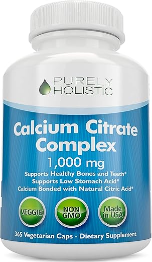 Purely Holistic - Calcium Citrate 1000mg – 365 Cápsulas Veganas com Salsa, Dente-de-leão e Agrião – Sem Vitamina D – Fabricado nos EUA pela