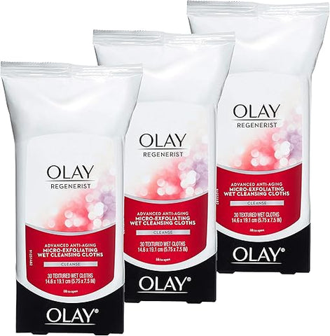 Regenerist Lenços de Limpeza Molhados Micro-Exfoliantes, 30 Unidades (Pacote com 3) - Olay