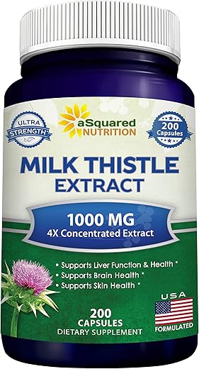 Cápsulas de Cardo de Leite 1000mg-200, Extrato Concentrado 4X 4:1 em Pó de Semente de Cardo de Leite, 1000mg de Extrato de Silimarina para o Fígado - aSquared Nutrition