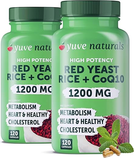 Yuve - Red Yeast Rice 1200 mg Capsules com CoQ10 – Mantenha níveis saudáveis de colesterol, Suplemento vegano de arroz vermelho para saúde do coração – Arroz Vermelho com CoQ10 para mulheres
