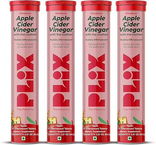 PLIX - THE PLANT FIX - PLIX Tabletes Efervescentes de Vinagre de Maçã com A Mãe, 700mg ACV com VIT B12, B6, Pacote com 4 | Vegano, Sem Açúcar Adicionado, Não-OGM