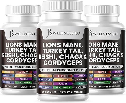 JB Wellness Co - Lions Mane 3000mg + Turkey Tail 2000mg + Reishi 1000mg + Cordyceps 1000mg + Chaga 1000mg + Marshmallow Root 180 Cápsulas | Suporte Cognitivo e Imunológico | Saúde com 20in1 Cogumelo | Marca em Destaque