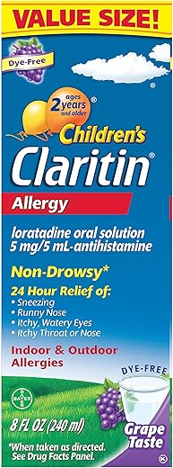 Crianças 24 Horas Medicamento para Alergia para Crianças, Alívio de Alergia sem Sonolência, Antihistamínico Loratadina, Xarope com Sabor de Uva, 240 ml - Claritin