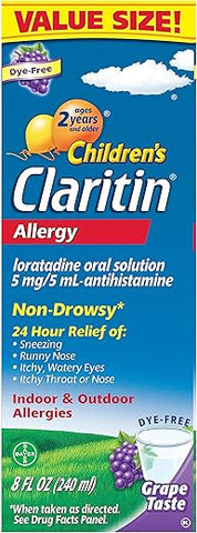 Crianças 24 Horas Medicamento para Alergia para Crianças, Alívio de Alergia sem Sonolência, Antihistamínico Loratadina, Xarope com Sabor de Uva, 240 ml - Claritin