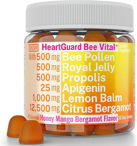 SHIZAM - Gomas de Citrus Bergamota com Apigenina de Pólen de Abelha, Própolis Orgânico, Geleia Real, Mel e Extrato de Melissa, para Homens e Crianças – Cápsulas de Ervas, Gotas e Pó (60g)