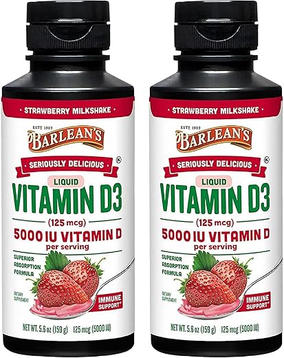 Barlean's - Barlean’s Pack 2 Vitamina D Líquida para Crianças e Adultos 5000 IU D3, Sabor Morango Milkshake Sem Açúcar, 160g Cada