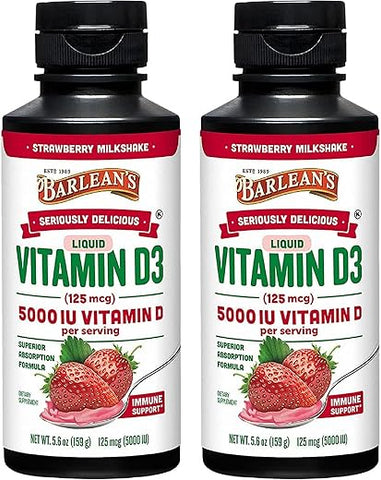 Barlean's - Barlean’s Pack 2 Vitamina D Líquida para Crianças e Adultos 5000 IU D3, Sabor Morango Milkshake Sem Açúcar, 160g Cada