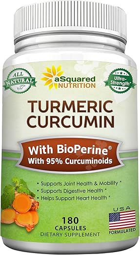 Cúrcuma Curcumina 1300mg com Extrato de Pimenta Preta BioPerine – 180 Cápsulas – com 95%% Curcuminoides, 100%% Pó de Raiz de Cúrcuma Natural, Puro - aSquared Nutrition