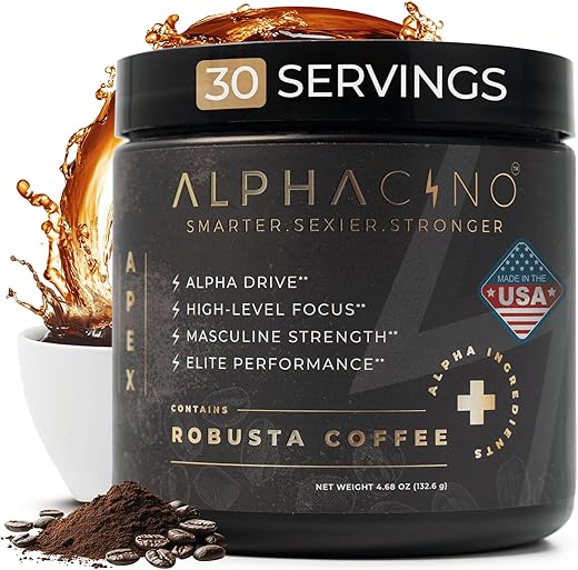 Apex – Pó de Café Instantâneo para Homens Robustos e Vigorosos – Crescimento Muscular, Foco Afiado, Resistência Aumentada – Ashwagandha KSM-66, Cogumelo do Leão, Extrato de Maca Negra – 100g - Alphacino