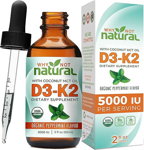 Why Not Natural - Vitamina D3 K2 (MK-7) Líquida, 5000 UI de D3 sublingual com Óleo de Coco MCT, para ossos e dentes fortes, suporte ao coração e imunidade