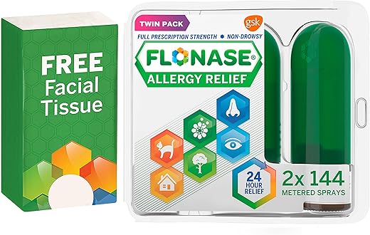 Spray Nasal Alívio de Alergia, 24 Horas Sem Sonolência, Alívio Multissintomas – 144 Sprays (Pacote com 2) + Brinde Lenços - Flonase